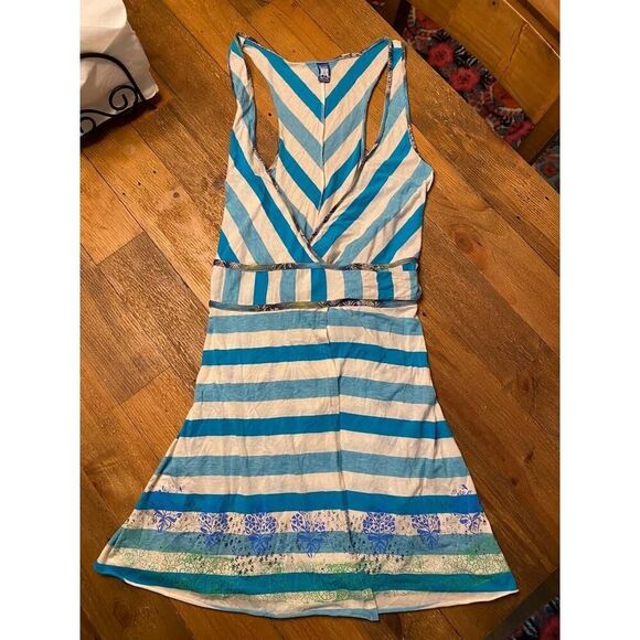 Free People size 12 Blue White Striped Racerback V-Neck wrap Dress Boho camo - Picture 2 of 11